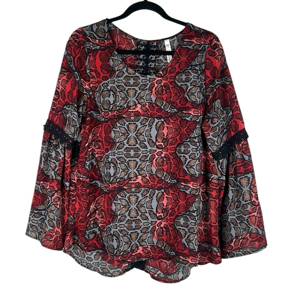 NY Collection Floral Boho Embroidered Bell Sleeve‎ Flowy Casual Top Size Large